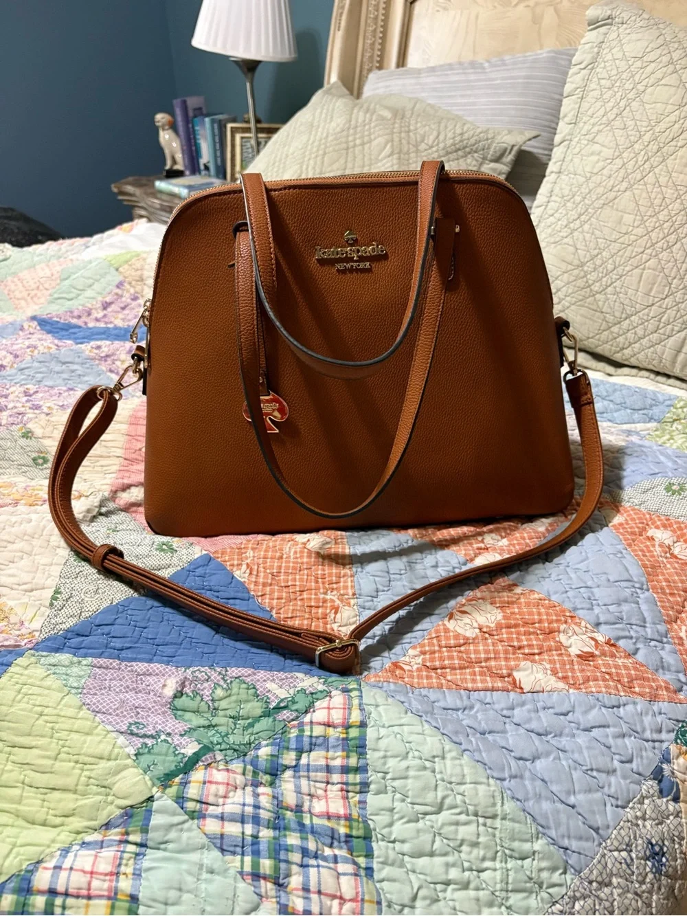 kate spade tan leather dome satchel with gold-tone hardware